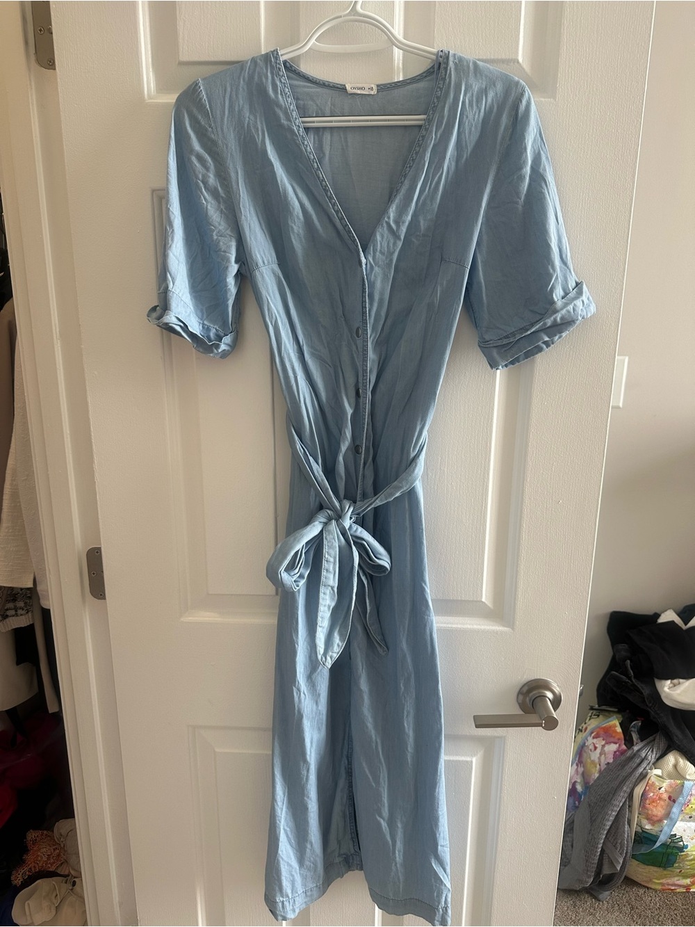 Light Blue Button-Front Midi Dress with Waist Tie